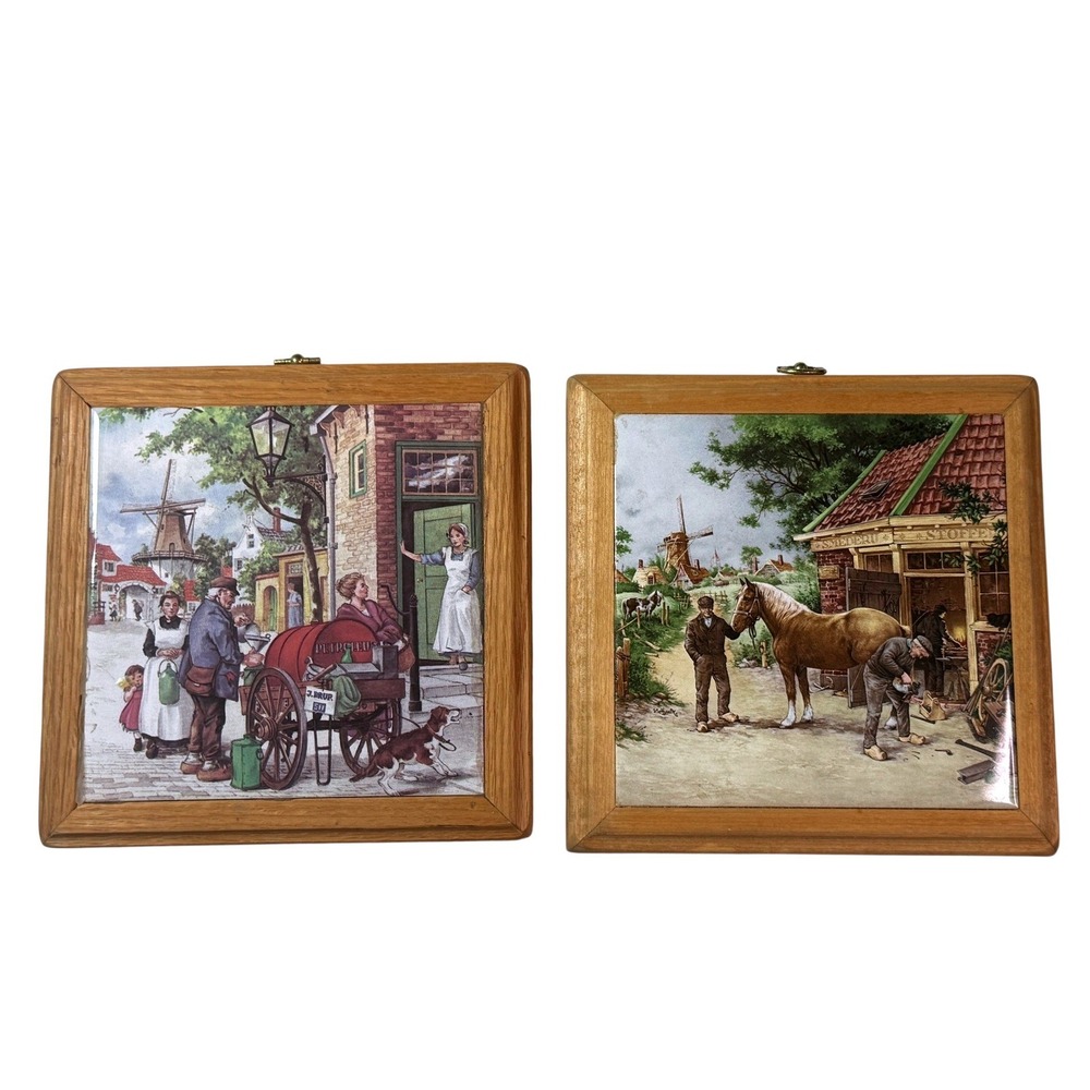 Vintage 80s Royal Schwabap Holland Hand Decorated Ceramic Tile Art Pair 2